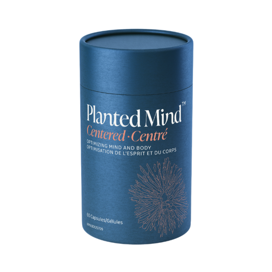 Blue cylindrical container labeled 'Planted Mind' on a white background